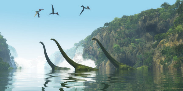 庞古瀑布两只恐龙成年马门奇龙护送一个年轻人渡过一条河而Pterodactylus鸟插画