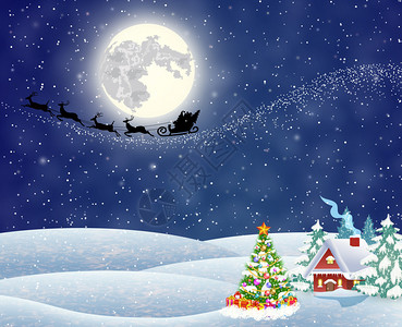 圣诞树月亮背景和圣诞老人的休眠在雪橇上飞行图片