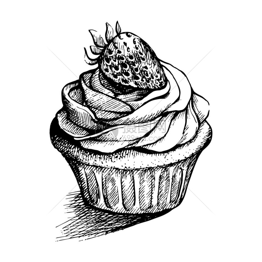 矢量黑白素描插图可爱的奶油甜蛋糕机智草莓可用于贺图片