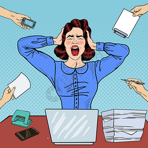 PopArtAngry愤怒受挫女在办公室工作时尖图片