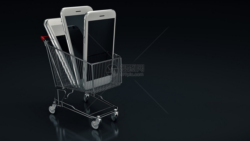 有购物车的智能手机3d渲染图片