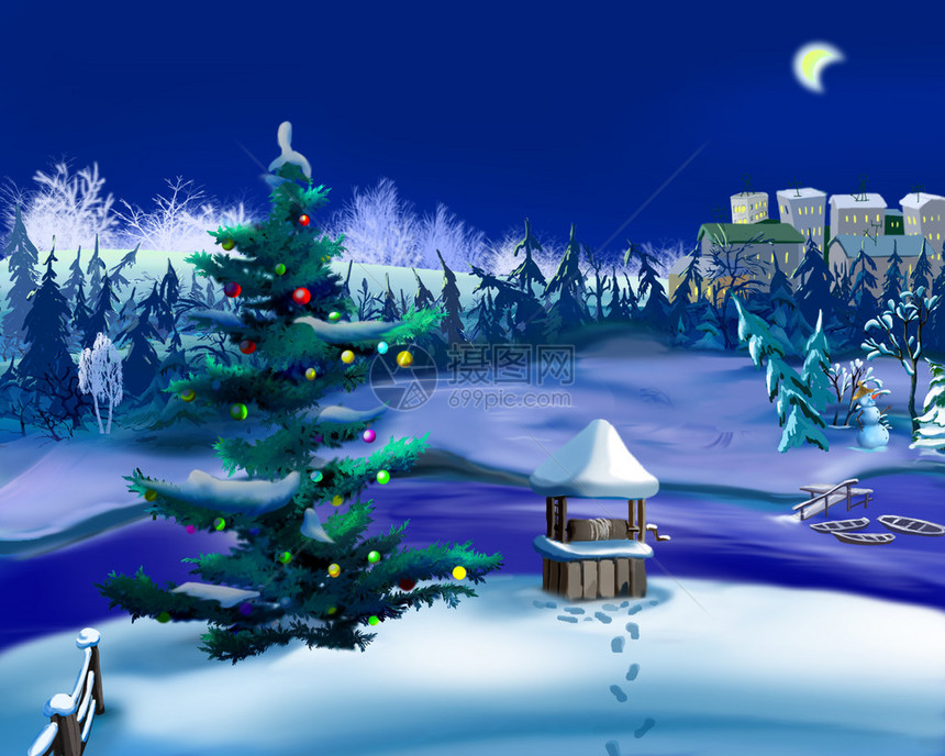 冬季之夜的圣诞树新年的农村景象与小水井和城市在月光下的背景以经典卡通风格手图片