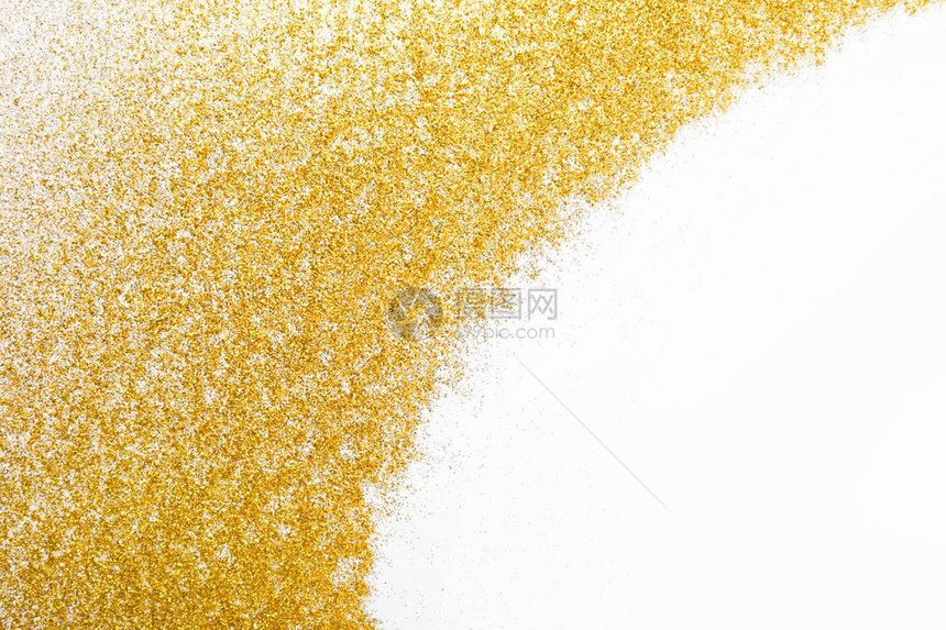 金色闪光砂纹理框架在白色抽象背景与复制空间图片