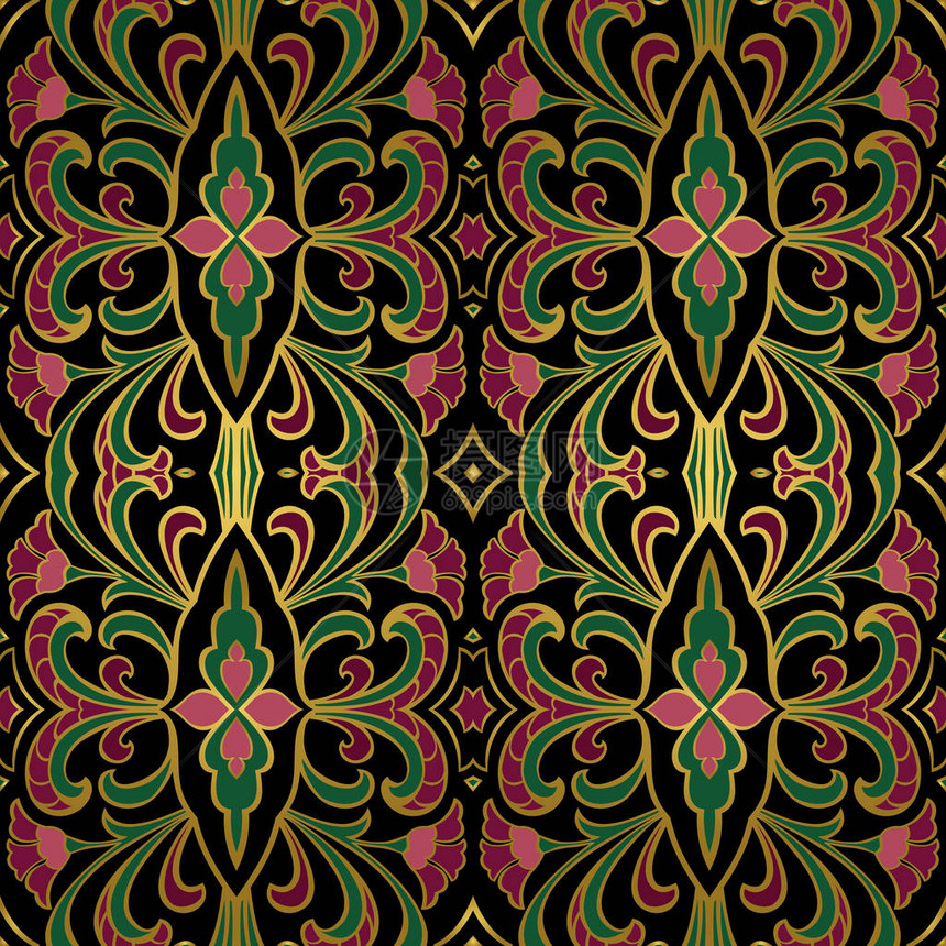 明亮的花卉装饰地毯披肩壁纸纺织品和任何表面的模板粉红色绿色和紫色调的图片