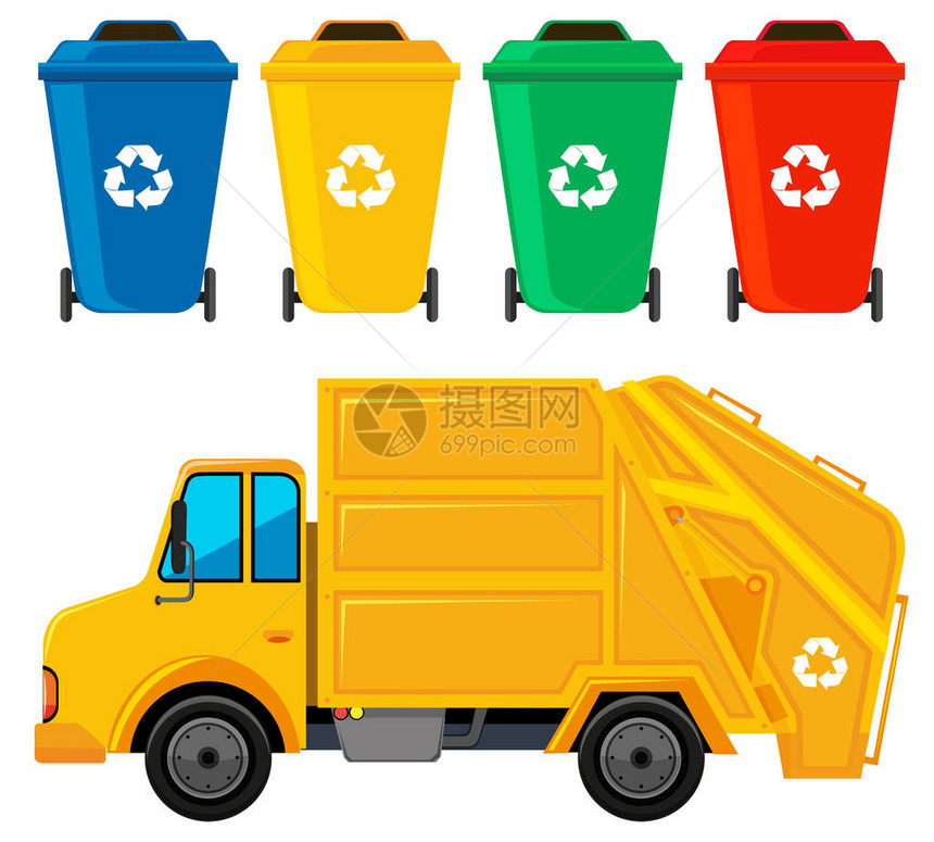 黄色垃圾车和四个垃圾桶插图图片