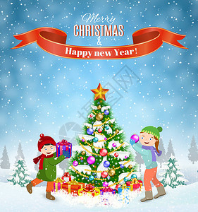新年快乐和圣诞贺卡冬天的乐趣孩子们装饰圣诞树图片