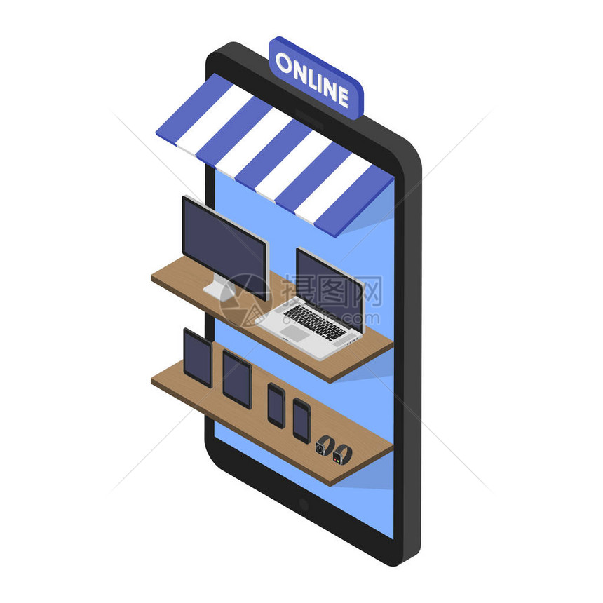 等距概念商店在线购物小工具和电子产品手机店门面货架上的Sartwatches平板图片