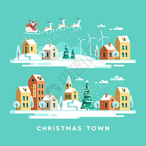天上王城圣诞老人和鹿在城里的天上圣诞城插画