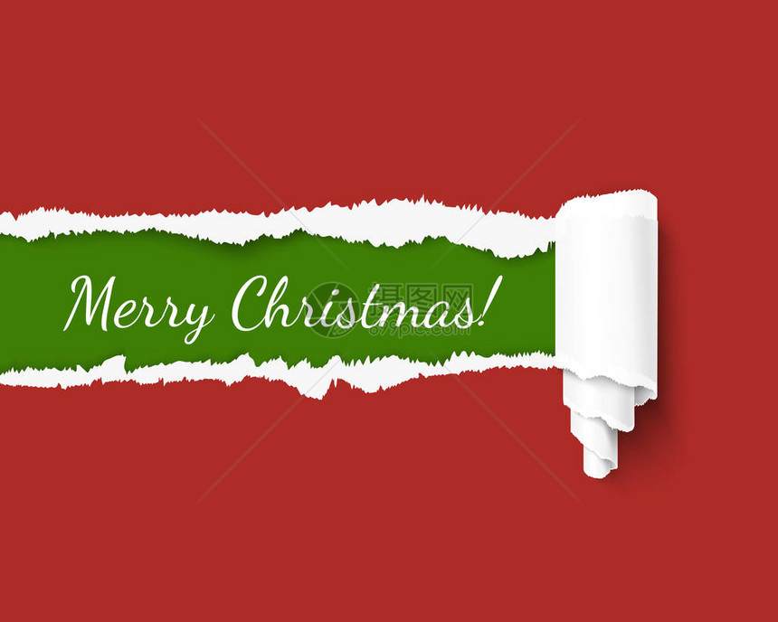用于圣诞快乐促销和颜色广告的矢量撕纸模板红色背景上孤立的绿色撕裂纸边红纸上有洞图片