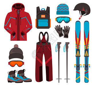 滑设备矢量图标设置滑板和滑杖冬季设备图标度假活动或旅行滑设备冬季山地滑冷休插画