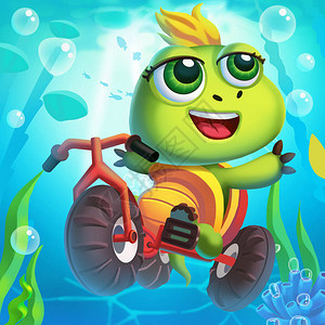 小海龟骑着自行车水下视频游戏的数码CG艺术概念说明现实化卡通风格背景和格设计Digit背景图片