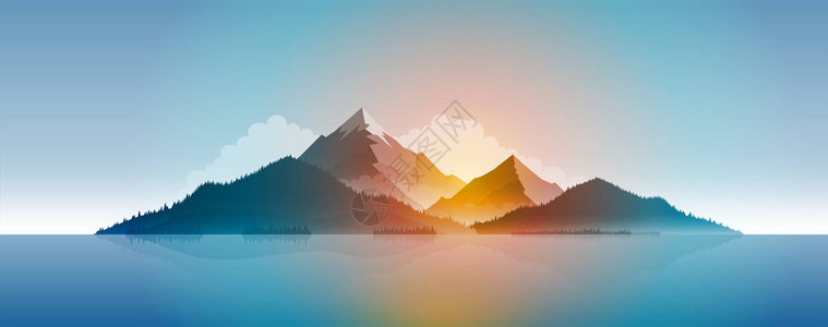 山脉和森林矢量岛屿景观插画元素在矢量文图片