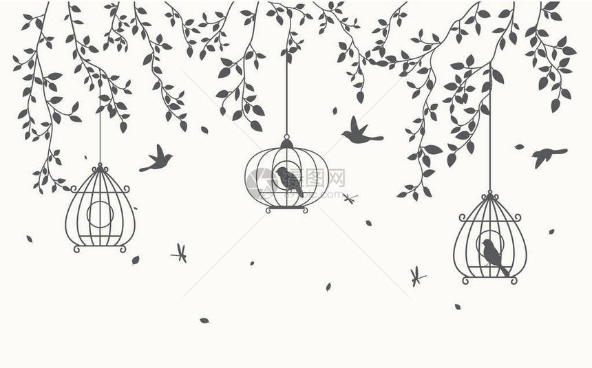 树与鸟和笼矢量图图片