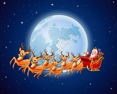 用矢量说明圣诞老人在满月背景下骑着驯鹿雪图片