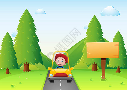在路上开黄色汽车的男孩插画图片