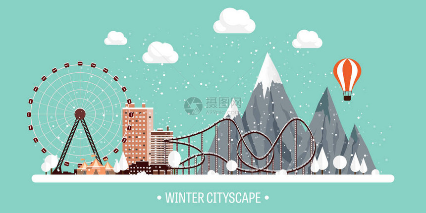 矢量图冬季城市景观有雪的城市圣诞节和新年城市景观BuildingsMountaines图片