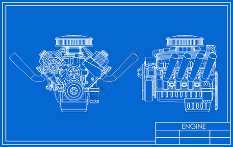 丰田v8蓝色背景上的热棒V8发动机绘图插画