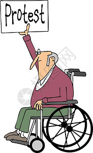 说明一名老人坐在轮椅上举起抗图片