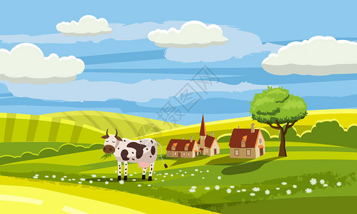可爱的乡村景观牛牧农场鲜花牧场卡通风图片