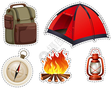 带帐篷和篝火插图的野营套装图片