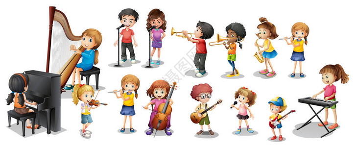 许多孩子演奏不同的乐器插图图片