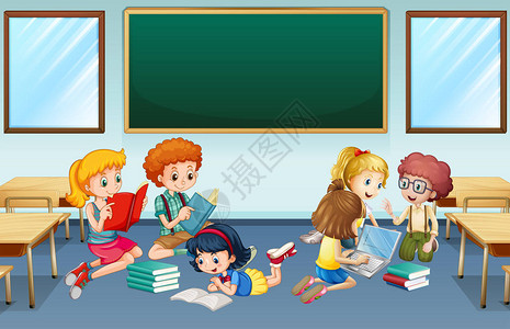 在学校插图中许多儿童阅读和图片
