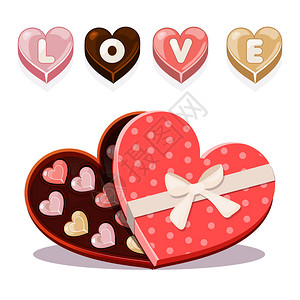 为情人节设置巧克力糖果心形巧克力盒中的彩色糖果图片