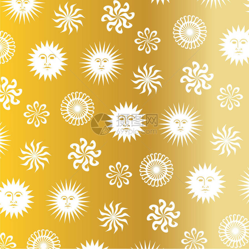 黄色背景上的金色太阳图案矢量图图片