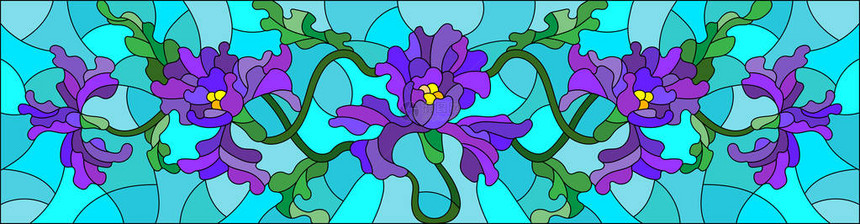 以彩色玻璃风格用蓝色背景的鲜花芽和虹膜叶子进行说明图片