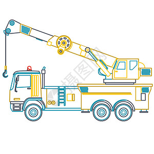 带有钩子和手臂的蓝色黄轮廓起重机在白色背景上很好的孤立向量建筑机械和地面工程横幅海报或图标的插图卡车挖掘机起重背景图片
