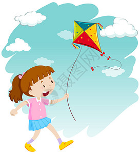 小女孩玩风筝插画图片