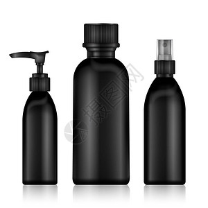 化妆品瓶逼真的黑色精油瓶和奶油软膏乳液的管或容器模拟设置化妆品小瓶烧瓶滴管瓶洗插画