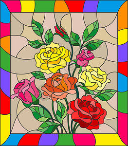 以棕色背景的鲜花芽和玫瑰叶用彩色图片