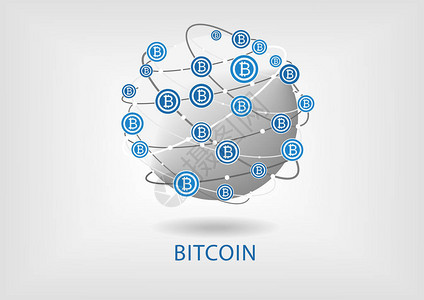 比特币矢量图和灰色背景的地球仪图片