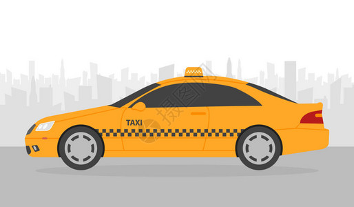 黄色计程车在市前的环影用简单的平板设图片