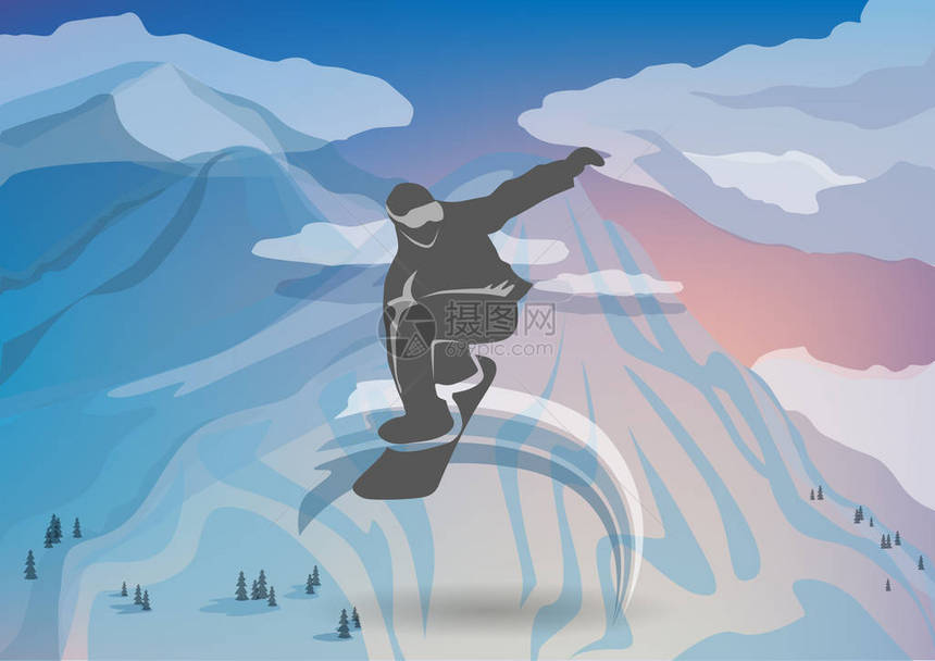山峰背景的滑雪板运动员图片