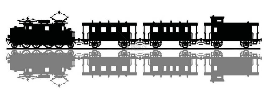 手绘带有阴影的老式电动火车的黑色剪影图片