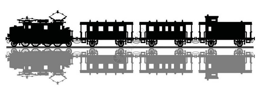 手绘带有阴影的老式电动火车的黑色剪影背景图片