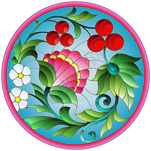 在圆形框中用鲜花浆果和蓝背景叶子的彩色图片
