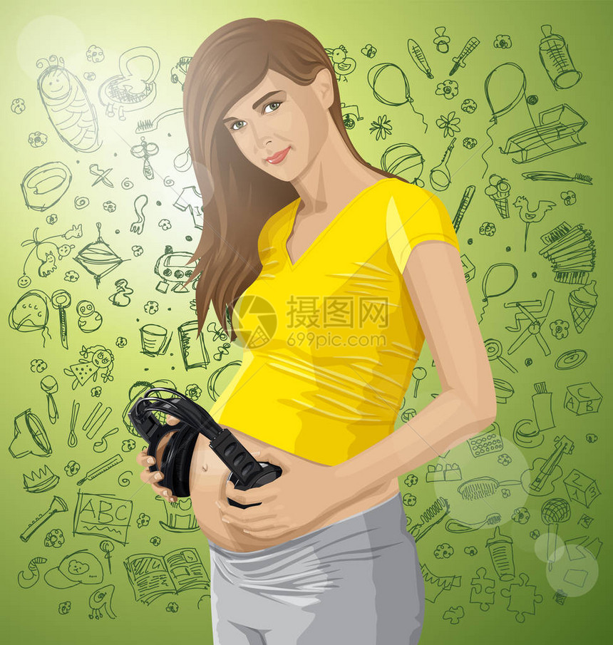 说明孕妇在肚子附近戴耳机的孕妇婴儿图片