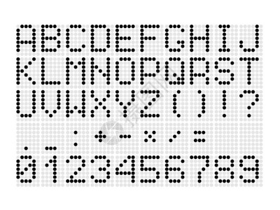 股票代码用于数字记分牌的带有字母数字数学符号和标点符号的数字虚线字体白色背景上的插画