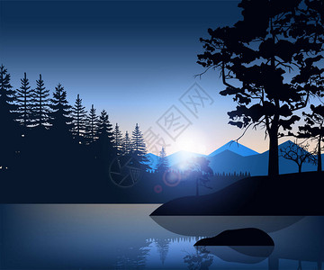 股票矢量插图山脉和湖泊景观的自然背景与树木剪影图片