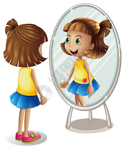 小女孩在镜子插图中看着自己图片