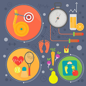 健康生活平面概念矢量图体育健身房和健康食品icos设计网页元背景图片