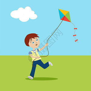 男孩在绿色的草坪上玩耍孩子拿着风筝跑平面风格的卡通人物矢量图片