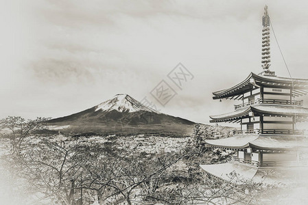 山梨富士山和Chureito塔在秋天的日出Chureito宝塔位于日本富士吉田富士山插画