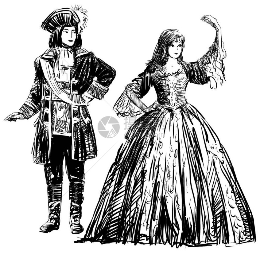 一对穿着历史服饰的舞蹈夫妇的铅笔画图片