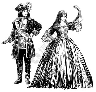 优美领服饰一对穿着历史服饰的舞蹈夫妇的铅笔画设计图片