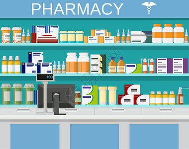 现代室内药房和药店药房货架上有药丸瓶液体和胶囊平面样图片