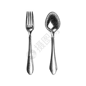 叉子和勺子矢量素描图片
